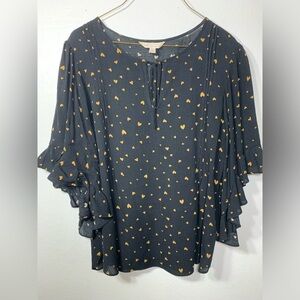 Black with gold hearts blouse, size M, ruffle mid length sleeve